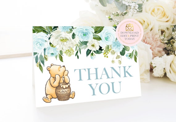 Printable Blue Floral Classic Winnie The Pooh Thank You Card For A Boy Baby Shower or Birthday. Storybook Shower Editable Card Template Il_570xn