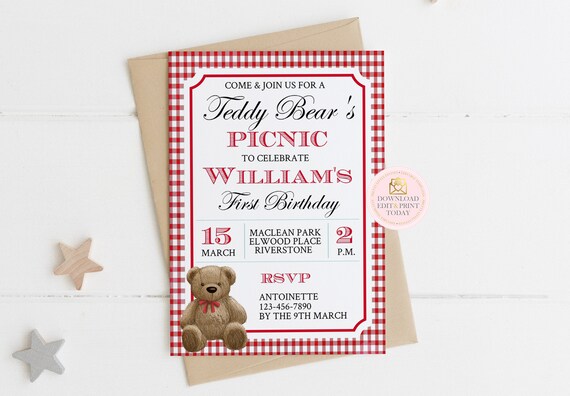 Teddy Bear Invitation, Teddy Bear Picnic Invitation, Bear Invitation, Teddy Bear Invite, Teddy Bear Invitation, Printable Invitation, Red Il_570xn