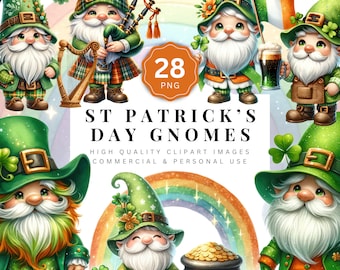 St. Patricks Day Gnomes Clipart, Watercolor Gnome Clipart Bundle, Highland Cow, Pot of Gold, Rainbow, Top Hat, Bagpipes, Beer, Leprechaun