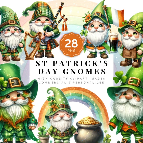 St. Patricks Day Gnomes Clipart, Watercolor Gnome Clipart Bundle, Highland Cow, Pot of Gold, Rainbow, Top Hat, Bagpipes, Beer, Leprechaun