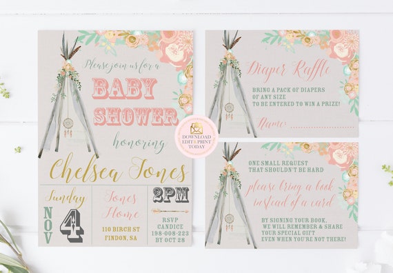 Boho Baby Shower Package, Boho Baby Shower, Baby Shower Invite, Diaper Raffle, Books For Baby, Floral Baby Shower, Dreamcatcher, Boho Baby Il_570xn