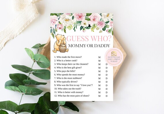 Pink Vintage Winnie Pooh Baby Shower Guess Who Mommy Or Daddy Game, Classic Pooh Bear Fun Shower Activity, Girl Floral Watercolor Shower Il_570xn