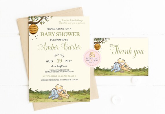Winnie the Pooh Baby Shower Bundle, Pooh Baby Shower, Classic Pooh, Winnie Pooh Invite, Winnie Thank You Card, INSTANT DOWNLOAD, Editable Il_570xn