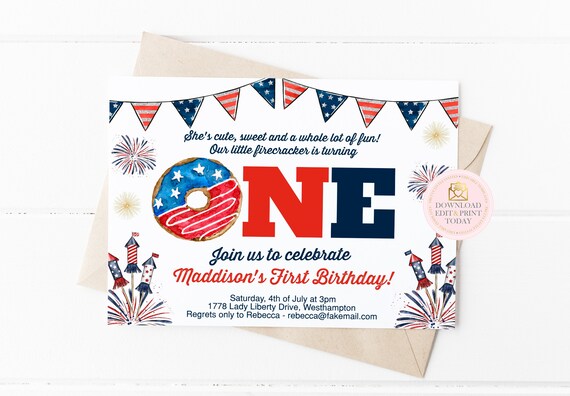 4th of July ONE First Birthday Party invitation, Printable Invitation, Editable Invitation, Digital Invitation, 4th of July Party, Corjl Il_570xn