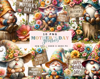 Mothers Day Gnome Clipart, 10 Digital Images, Floral Gnomes, Festive Spring Designs, Cute Gnome Graphics, Printable Scrapbooking, PNG Files