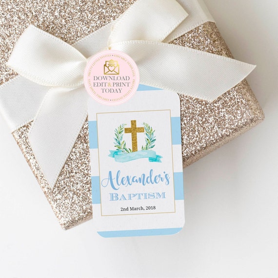 INSTANT DOWNLOAD Boy Baptism Favor Tags Editable Favor Tags Printable Favor Tags Baptism Thank You Tags Editable Template Blue White & Gold Il_570xn