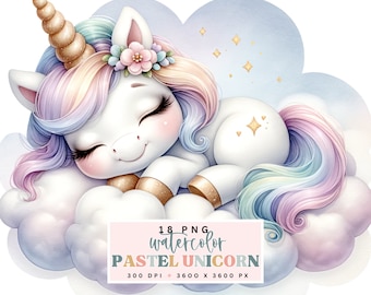 Pastel Unicorn Clipart, Watercolor Magical Creature, Cute Fantasy Animal PNG, Digital Download for Nursery Decor and Birthday Invitations