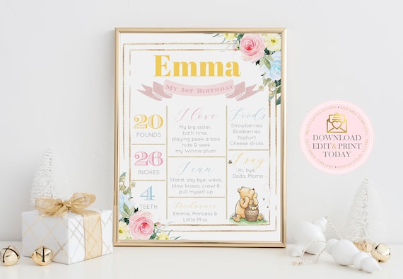 Winnie Pooh First Birthday Milestone Poster, Girls 1st Birthday Sign, Pink Yellow Floral Memory Board Editable Template, Instant Download Il_570xn