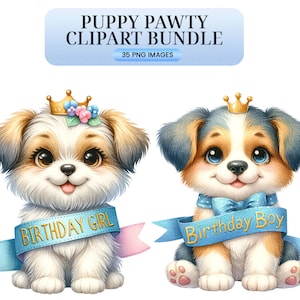 Puppy Pawty Clipart Watercolor Dog Party Images, Cute Canine Birthday Celebration, Digital Download, Pet Planner Stickers, Scrapbooking image 2