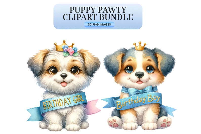 Puppy Pawty Clipart Watercolor Dog Party Images, Cute Canine Birthday Celebration, Digital Download, Pet Planner Stickers, Scrapbooking image 2