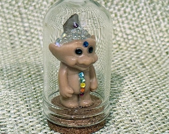 Mini Chakra Troll in a Glass Dome Bell Jar, Troll Doll, Chakra Troll Doll, Handmade Dolls, Troll in a Jar, Mini Troll, Chakra