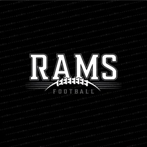May include: A white graphic design with the word "RAMS" in a bold font with a white football graphic underneath and the word "FOOTBALL" in a smaller font.