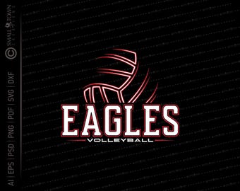 May include: A red and white volleyball graphic with the word "EAGLES" in white text with a red outline and the word "VOLLEYBALL" in smaller white text below.