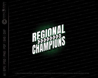 Può includere: Un design grafico nero con le parole "REGIONAL CHAMPIONS" in bianco, bordate di verde. Il testo è posto su uno sfondo verde a pois. L'immagine include anche il testo "SMALL TOWN CREATIONS".