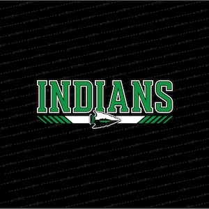May include: A black graphic design featuring the word "INDIANS" in bold green letters with a white outline. Below the text is a white arrow with green details, set against a black background.