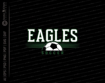 Könnte beinhalten: Ein grün-weißes Fußball-Teamlogo mit dem Wort "Eagles" in weißen Buchstaben mit schwarzem Umriss und dem Wort "Soccer" in weißen Buchstaben mit schwarzem Umriss unter einem schwarz-weißen Fußball.