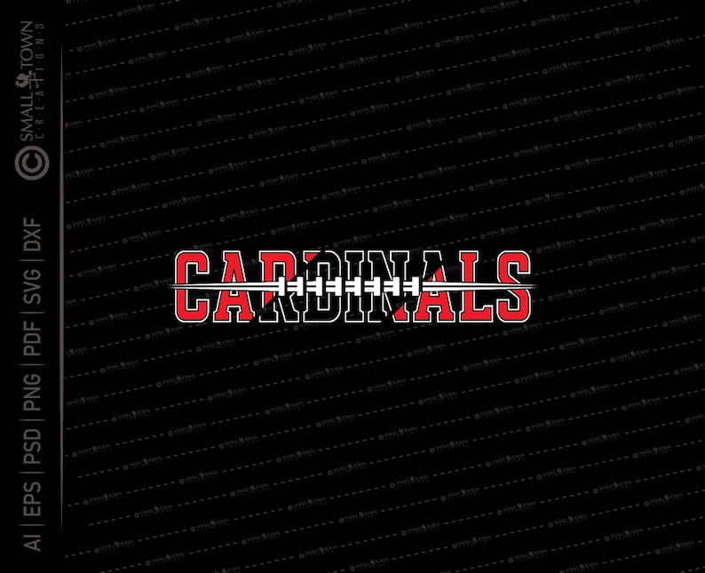 以下が含まれることがあります： 黒い背景に斜めの点線模様。 「CARDINALS」の文字は赤色で、白い縁取りがあり、白いフットボールのグラフィックで分割されています。 スポーツ関連の商品デザインです。
