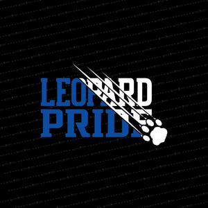 May include: Black background with the words "LEOPARD PRIDE" in blue and white. A white paw print with claw marks streaks across the text. The image is a graphic design.