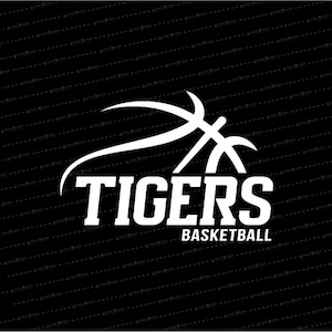 Puede incluir: Silueta blanca de una pelota de baloncesto con la palabra "TIGERS" y el texto "BASKETBALL" debajo sobre un fondo negro.