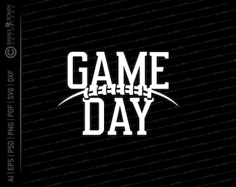 Puede incluir: Texto blanco sobre fondo negro que dice "GAME DAY" con un gráfico de fútbol estilizado entre las palabras.