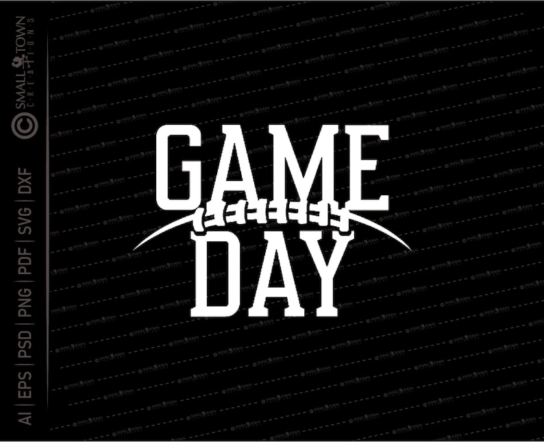 May include: White text on a black background reads "GAME DAY" with a stylized football graphic between the words.