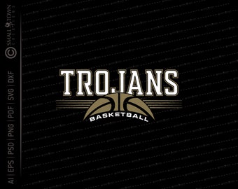 May include: A gold and white basketball team logo with the word "TROJANS" in white letters and the word "BASKETBALL" in gold letters.