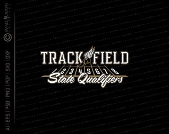 May include: A gold and white graphic design with the text "TRACK FIELD State Qualifiers" and a stylized running shoe with wings. The design features a track with numbers 1 through 8.