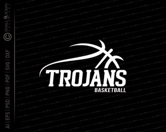 May include: A white basketball graphic with a stylized basketball hoop and the word "TROJANS" in bold white letters with the word "BASKETBALL" underneath in smaller white letters. The graphic is on a black background.
