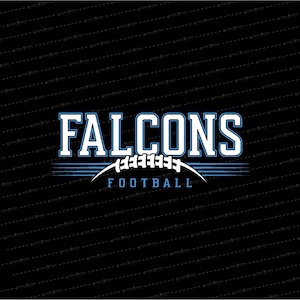 May include: A black and white graphic design with the word "FALCONS" in white letters with a blue outline. The word "FOOTBALL" is below the word "FALCONS" in white letters with a blue outline. A white football with a blue outline is behind the word "FALCONS".
