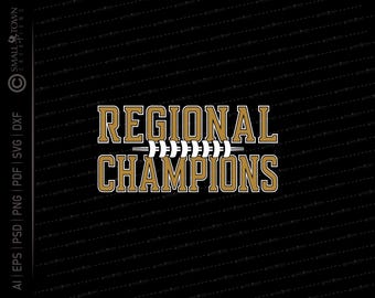 Può includere: Grafica in oro e bianco con il testo "REGIONAL CHAMPIONS" e un grafico di football.