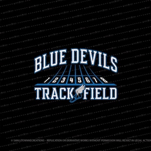 May include: A black graphic design featuring the words "BLUE DEVILS TRACK FIELD" in white and blue. The design includes a track with lanes numbered 1-8 and a winged shoe. The Small Town Creations logo is in the upper left corner.