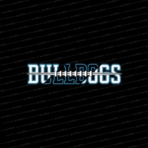 Pode incluir: Um design gráfico azul e branco com a palavra "BULLDOGS" em letras brancas com contorno azul. Uma bola de futebol branca com costuras pretas está centrada na palavra "BULLDOGS".