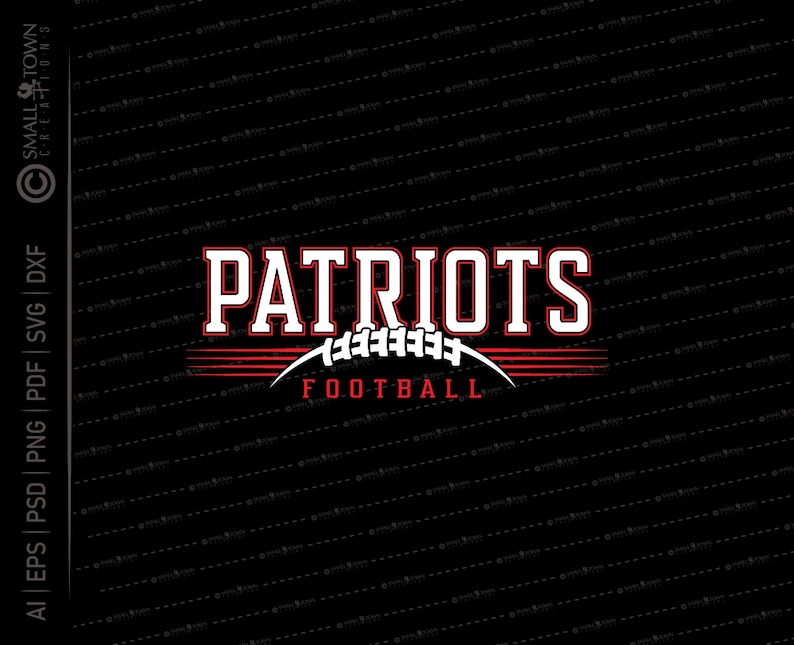 May include: A red and white graphic design with the word "Patriots" in white letters with a red outline. The graphic also includes a white football with laces and the word "Football" in white letters with a red outline.