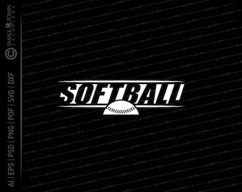 May include: A black and white graphic design of the word "SOFTBALL" with a baseball in the middle of the word.