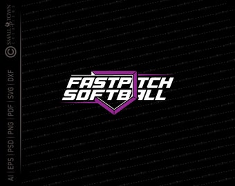 May include: A purple and white logo design for a fastpitch softball team. The logo features a stylized home plate with the words "FASTPITCH SOFTBALL" in a bold, white font.