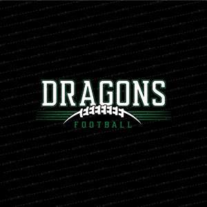 May include: Green and white graphic design with the text "DRAGONS FOOTBALL" in a white outline with a green fill. The graphic features a stylised football with laces.