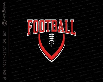 May include: A red and white football graphic with the word "FOOTBALL" in white letters with a red outline. The graphic is on a black background.