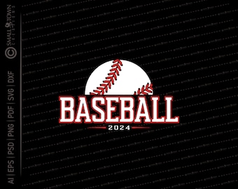 May include: A white baseball with red stitching is partially visible behind the word "BASEBALL" in red and white letters with a red underline. The year "2024" is written in white letters below the word "BASEBALL".
