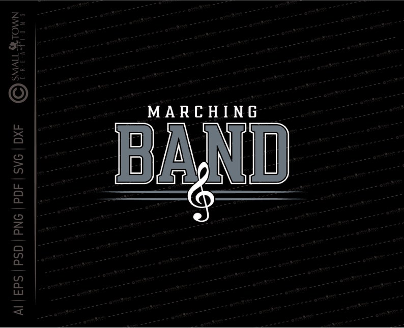 Może przedstawiać: Czarno-biały projekt graficzny z tekstem "MARCHING BAND" w kolorze szarym z kluczem wiolinowym poniżej. Tekst jest w pogrubionej czcionce w stylu vintage.