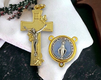 Italian Rosary Medal Set, Gold Finish Lily Crucifix w Beautiful Blue Enamel Miraculous Medal Center | Italian Rosary Parts