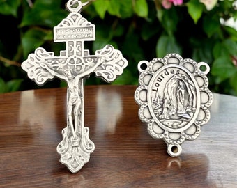 Catholic Rosary Medal Set: Virgin of Lourdes Centerpiece, Italian Pardon Crucifix