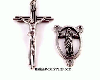 Rosary Medal Set Risen Christ w Modern Bar Crucifix | Italian Rosary Parts