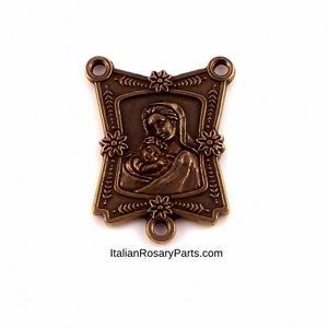 Elegant Virgin Mary and Jesus Bronze Rosary Center Medal | Italian Rosary Parts