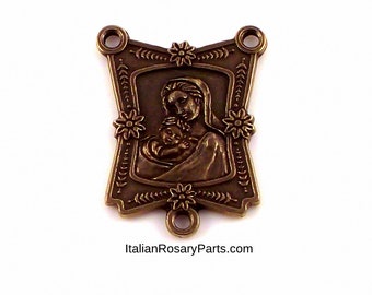 Elegant Virgin Mary and Jesus Bronze Rosary Center Medal | Italian Rosary Parts