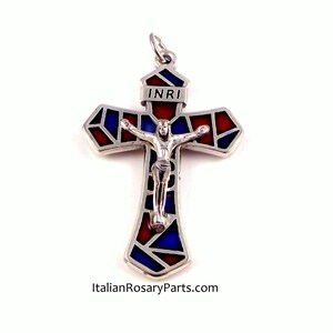 Stained Glass Style Rosary Crucifix Pendant From Italy Red and Blue Italian Rosary Parts image 2