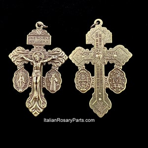 Bronze 3-Way Pardon Crucifix w Miraculous and Saint Benedict Crossbar Medals Triple Threat Italian Crucifix Italian Rosary Parts image 2