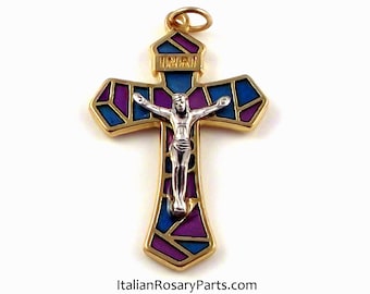 Stained Glass Style Rosary Crucifix Pendant From Italy Purple and Blue Goldtone | Italian Rosary Parts