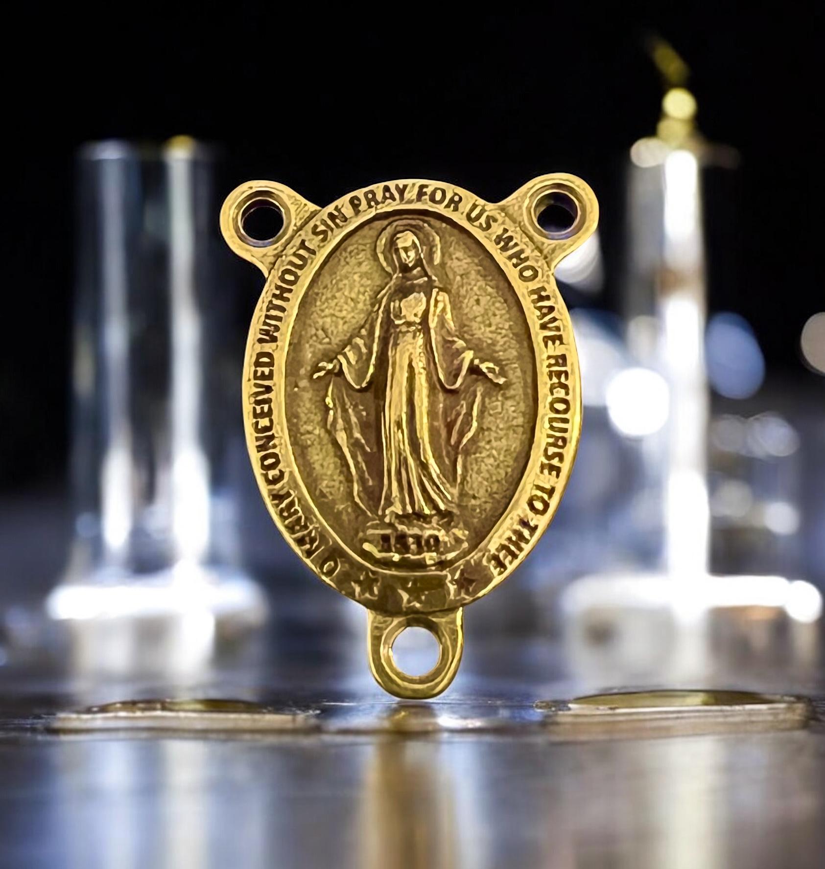 Bronze Finish Virgin Mary Miraculous Medal Rosary Center | Italian Rosary Parts