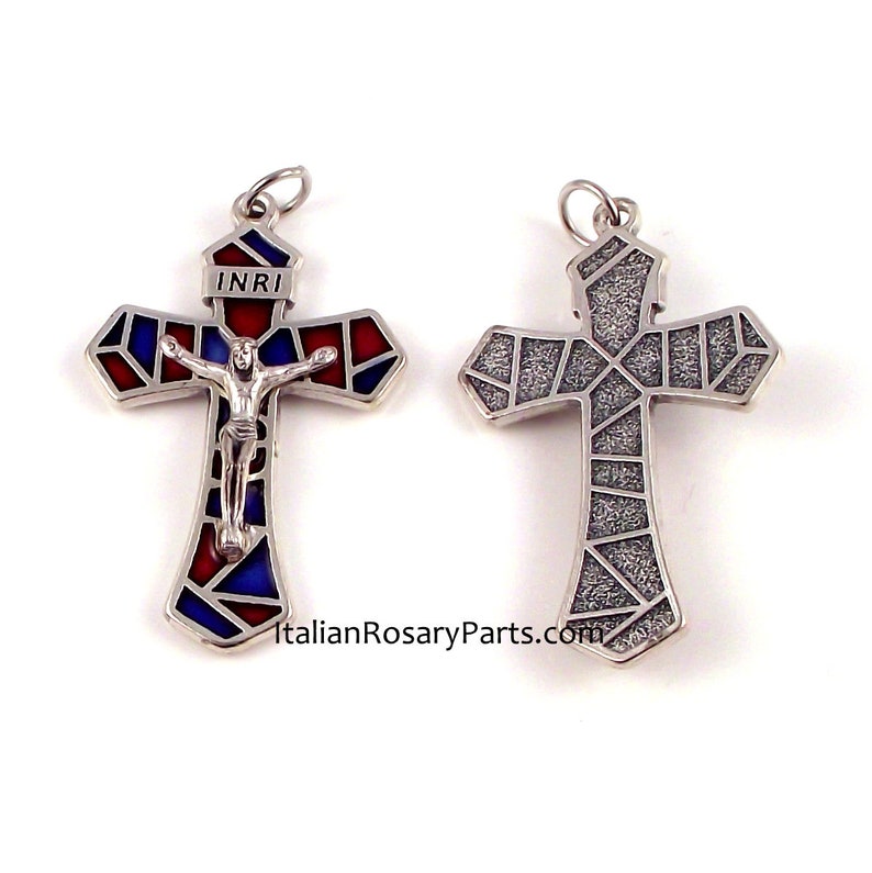 Stained Glass Style Rosary Crucifix Pendant From Italy Red and Blue Italian Rosary Parts image 7