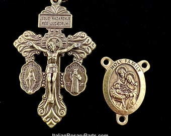Bronze Italian Rosary Medal Set Holy Family Center w Triple Threat Pardon Crucifix | Italian Rosary Parts
